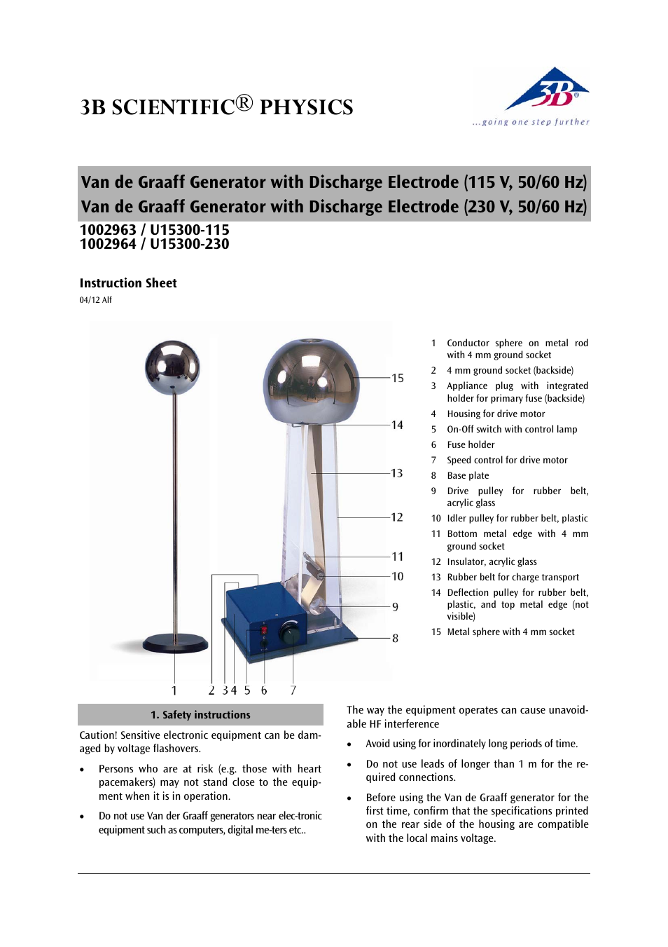 3B Scientific Van de Graaff Generator (230 V, 50__60 Hz) User Manual | 4 pages