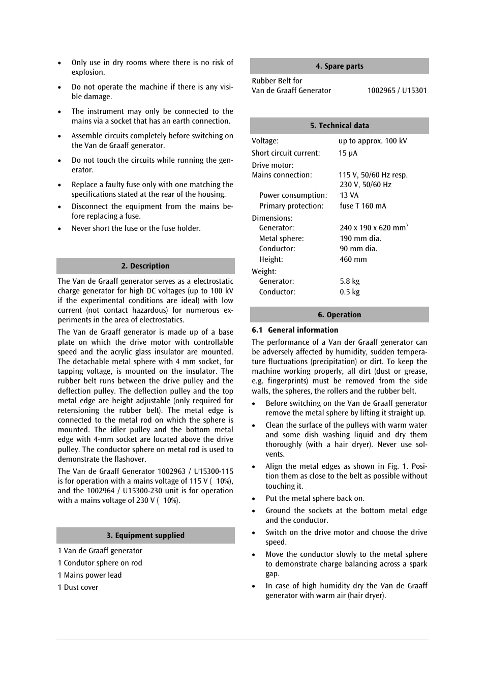3B Scientific Van de Graaff Generator (230 V, 50__60 Hz) User Manual | Page 2 / 4