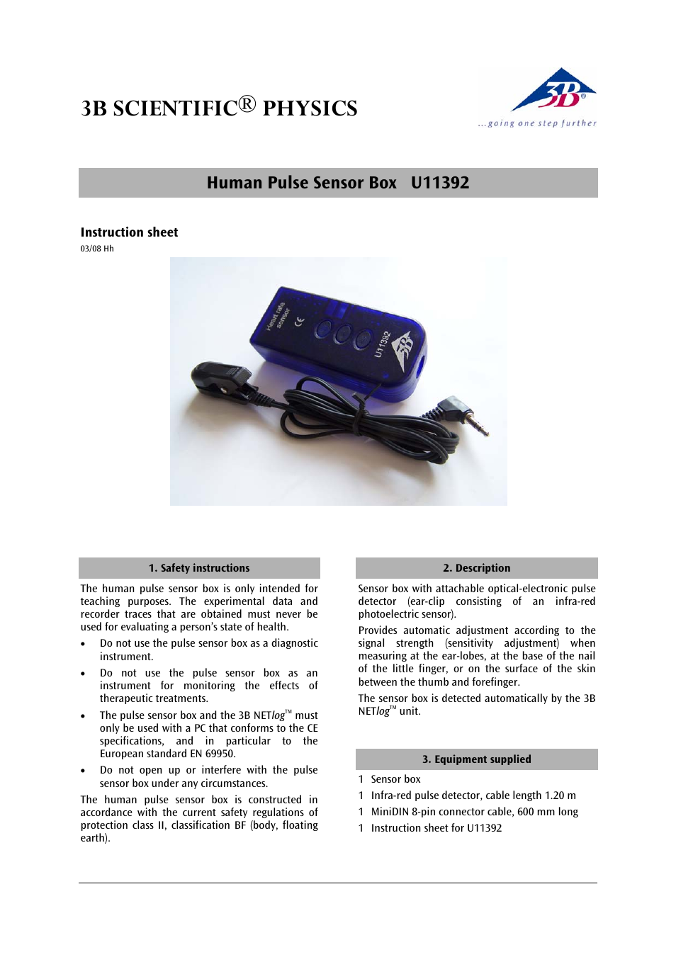 3B Scientific Human Pulse Sensor Box User Manual | 4 pages