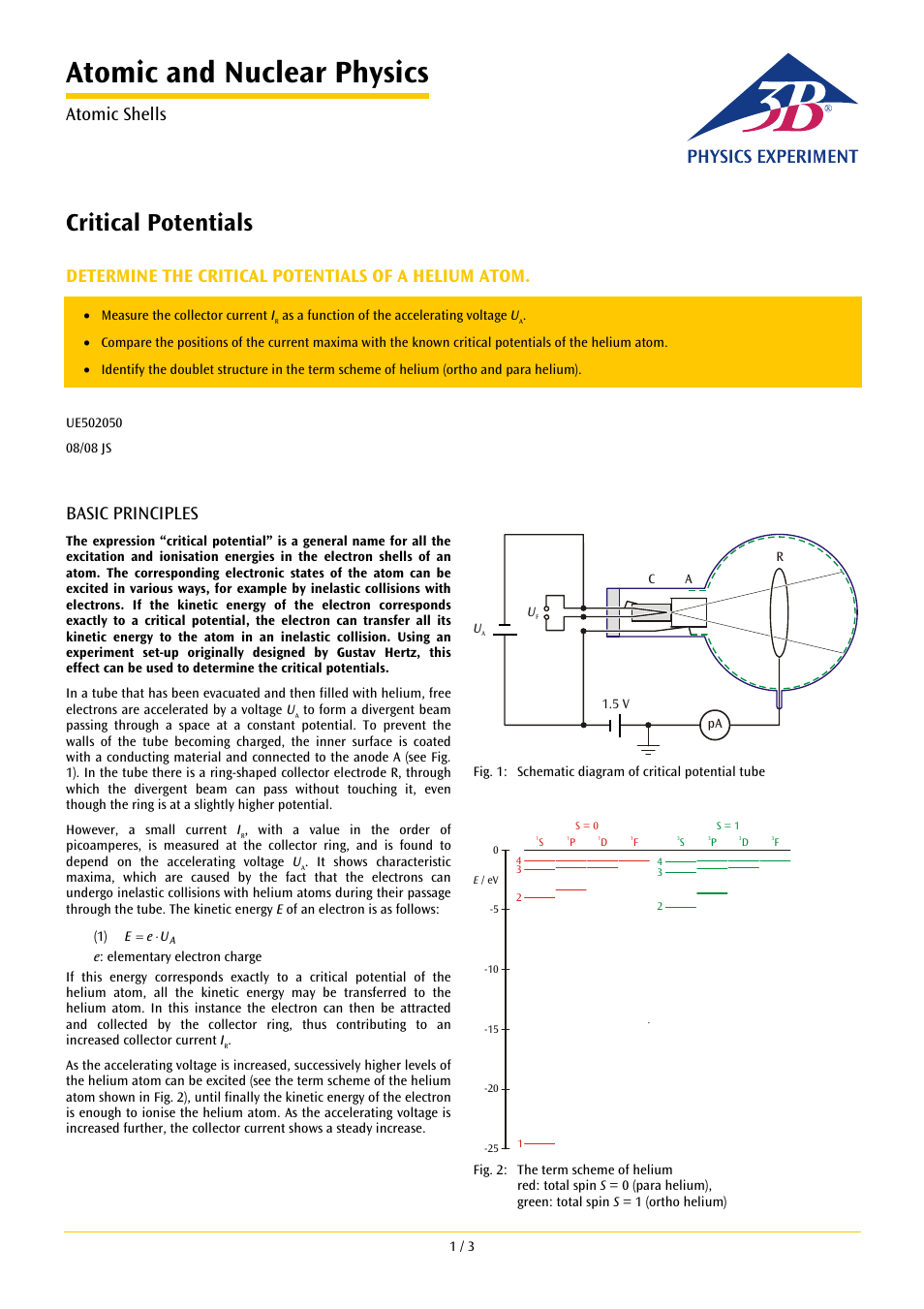3B Scientific Teltron Critical Potentials Tube S with Ne-Filling User Manual | 4 pages