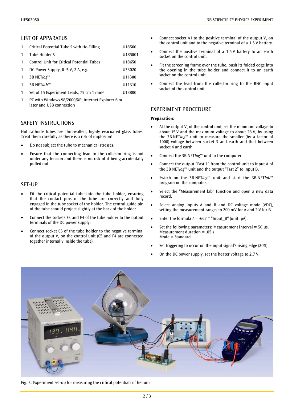 List of apparatus, Safety instructions, Set-up | Experiment procedure | 3B Scientific Teltron Critical Potentials Tube S with Ne-Filling User Manual | Page 2 / 4