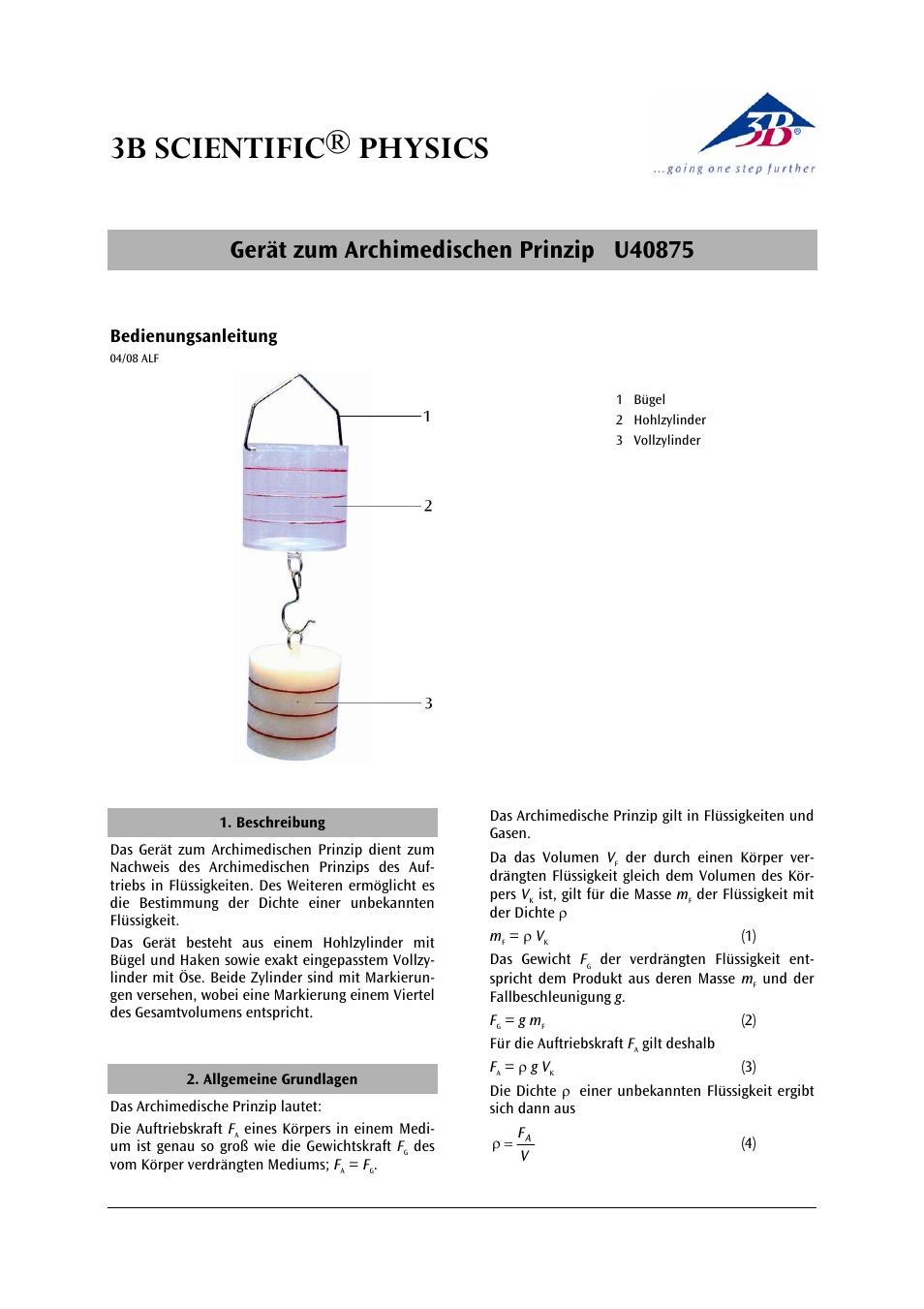 3B Scientific Device for Archimedes' Principle User Manual | 12 pages