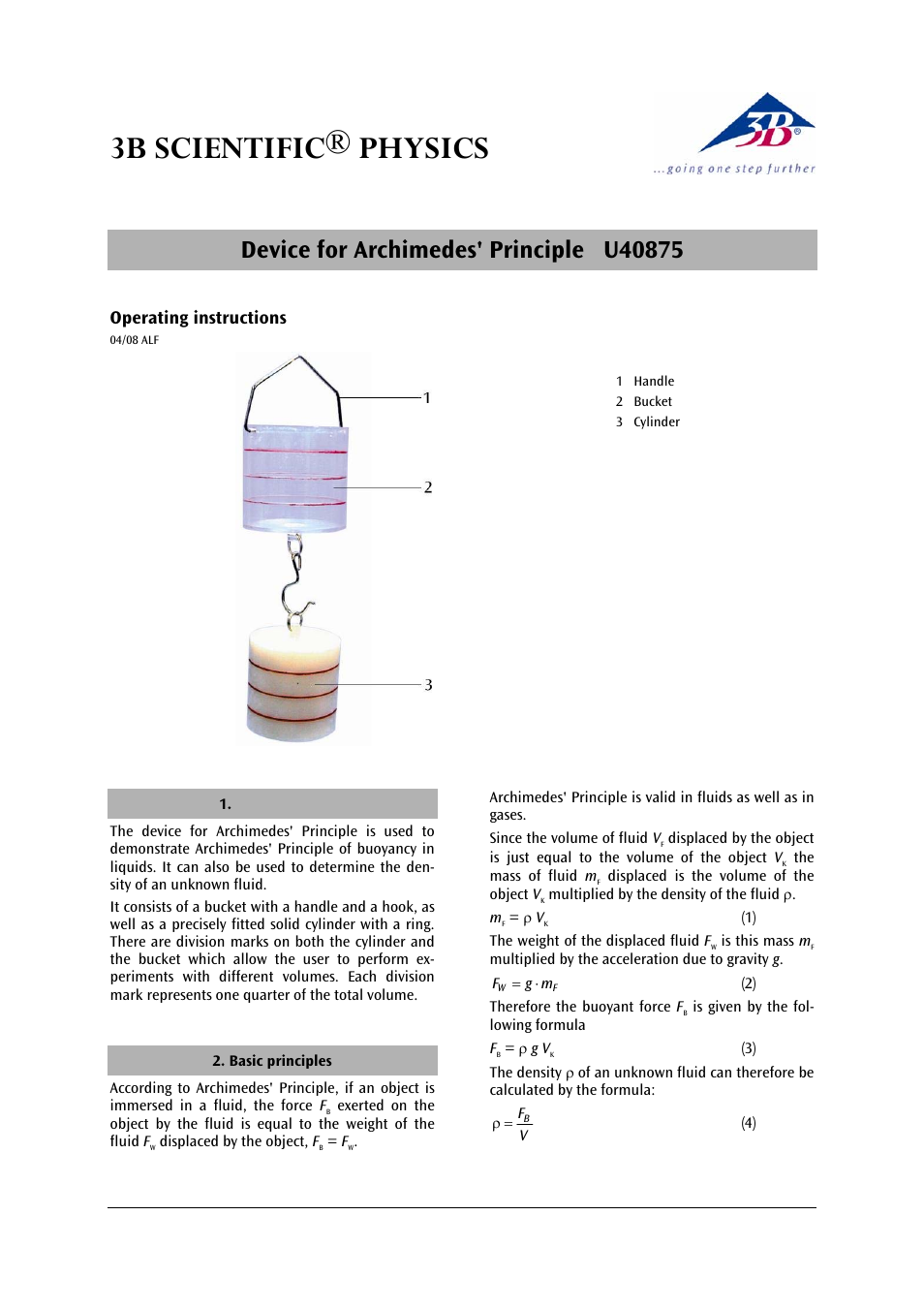 3b scientific® physics, Operating instructions | 3B Scientific Device for Archimedes' Principle User Manual | Page 3 / 12