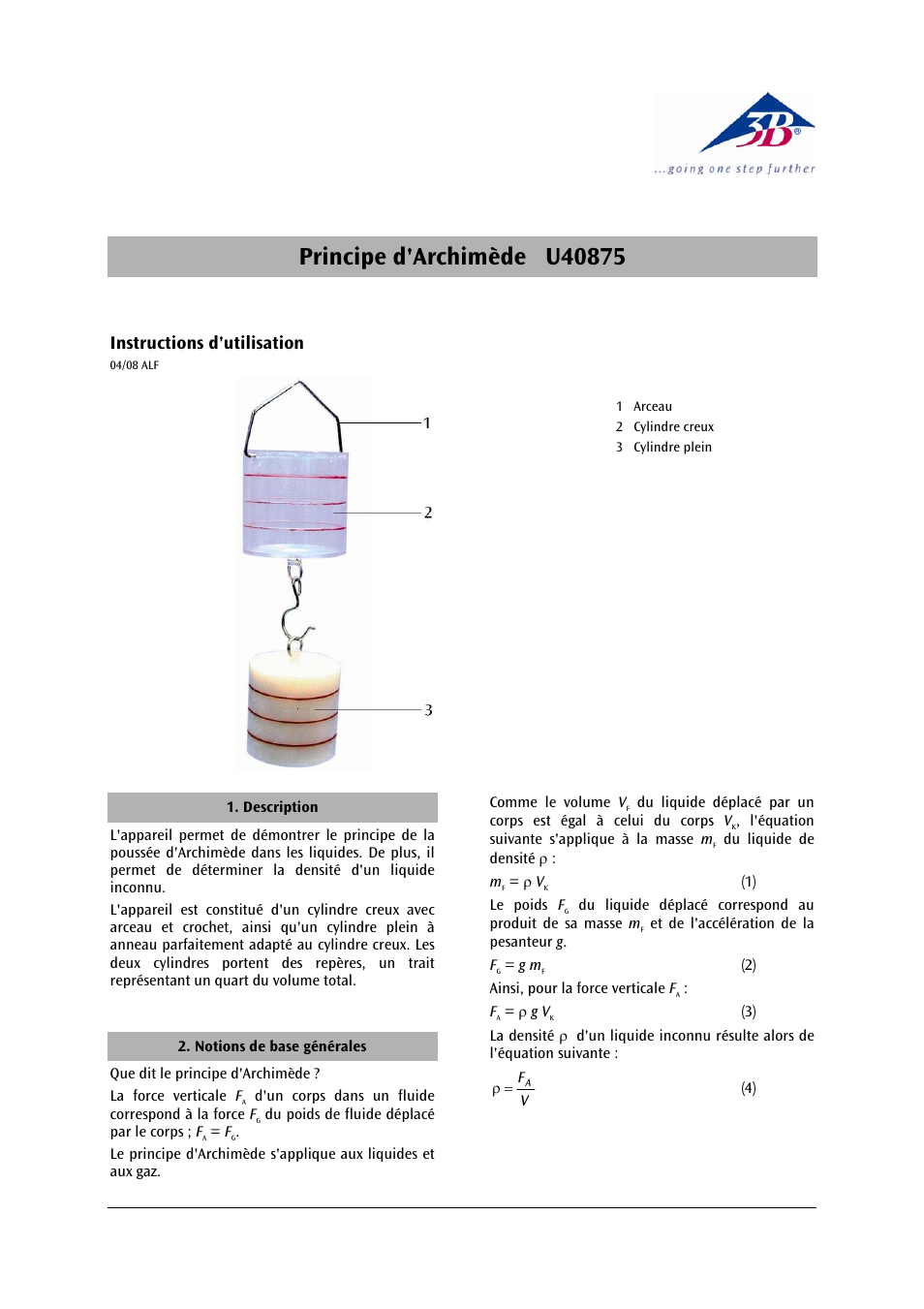 3b scientific, Physics, Instructions d'utilisation | 3B Scientific Device for Archimedes' Principle User Manual | Page 5 / 12