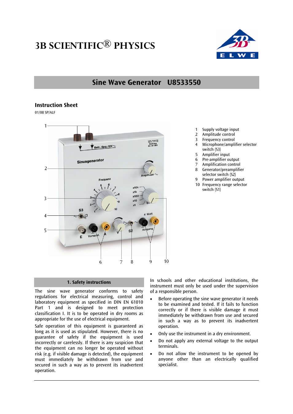 3B Scientific Sine Wave Generator User Manual | 4 pages