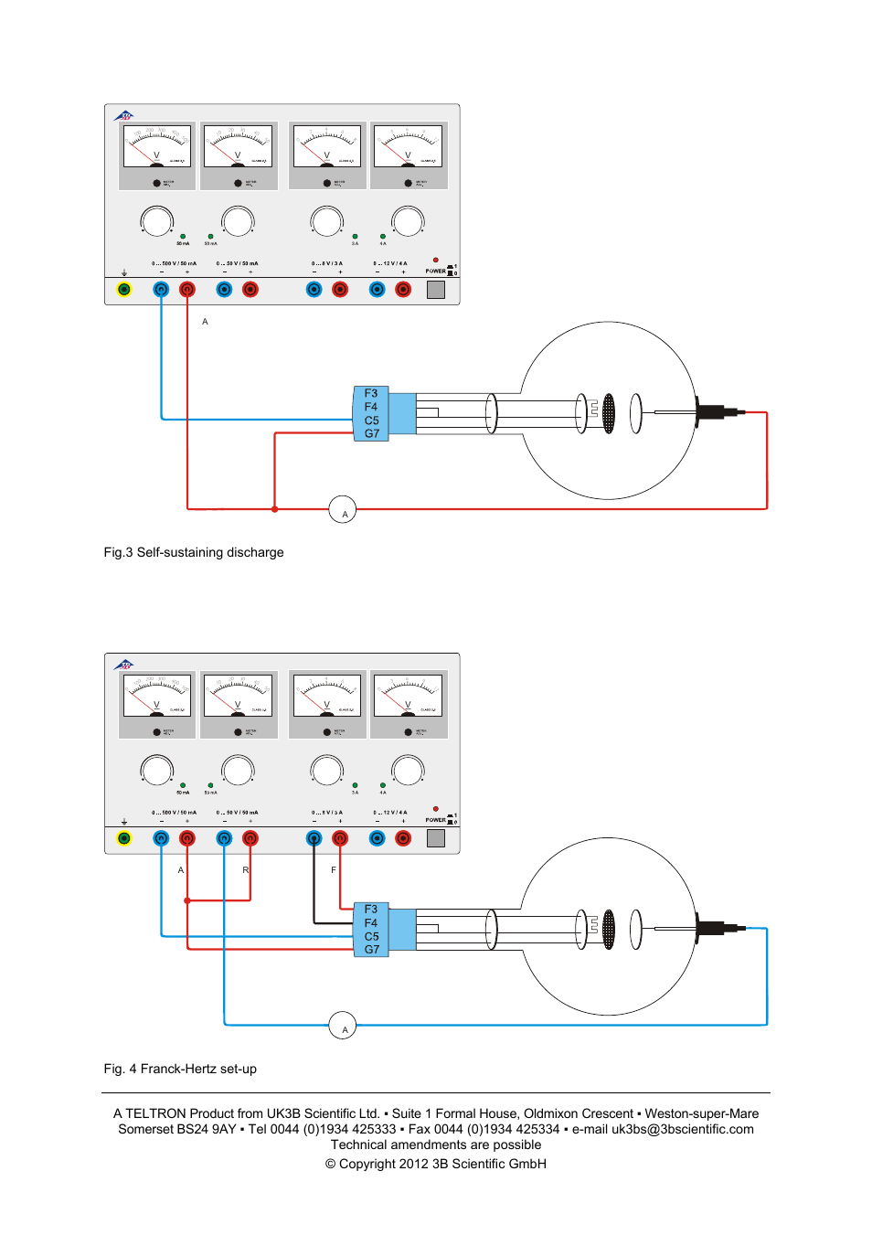 Fig.3 self-sustaining discharge, Fig. 4 franck-hertz set-up | 3B Scientific Teltron Triode S, Helium-filled User Manual | Page 4 / 4
