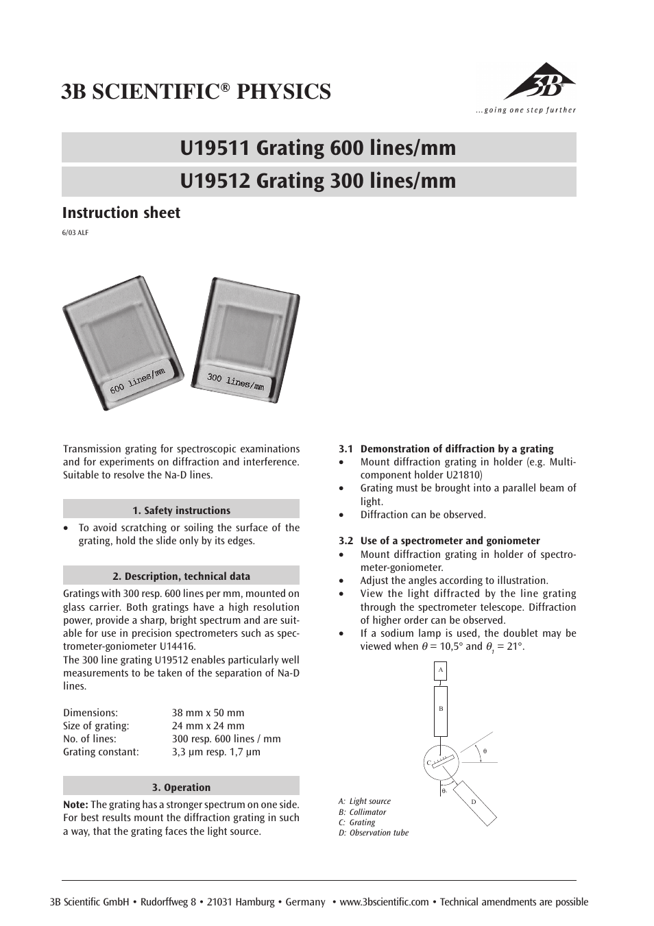 3B Scientific Transmission Grating 300 Lines User Manual | 1 page