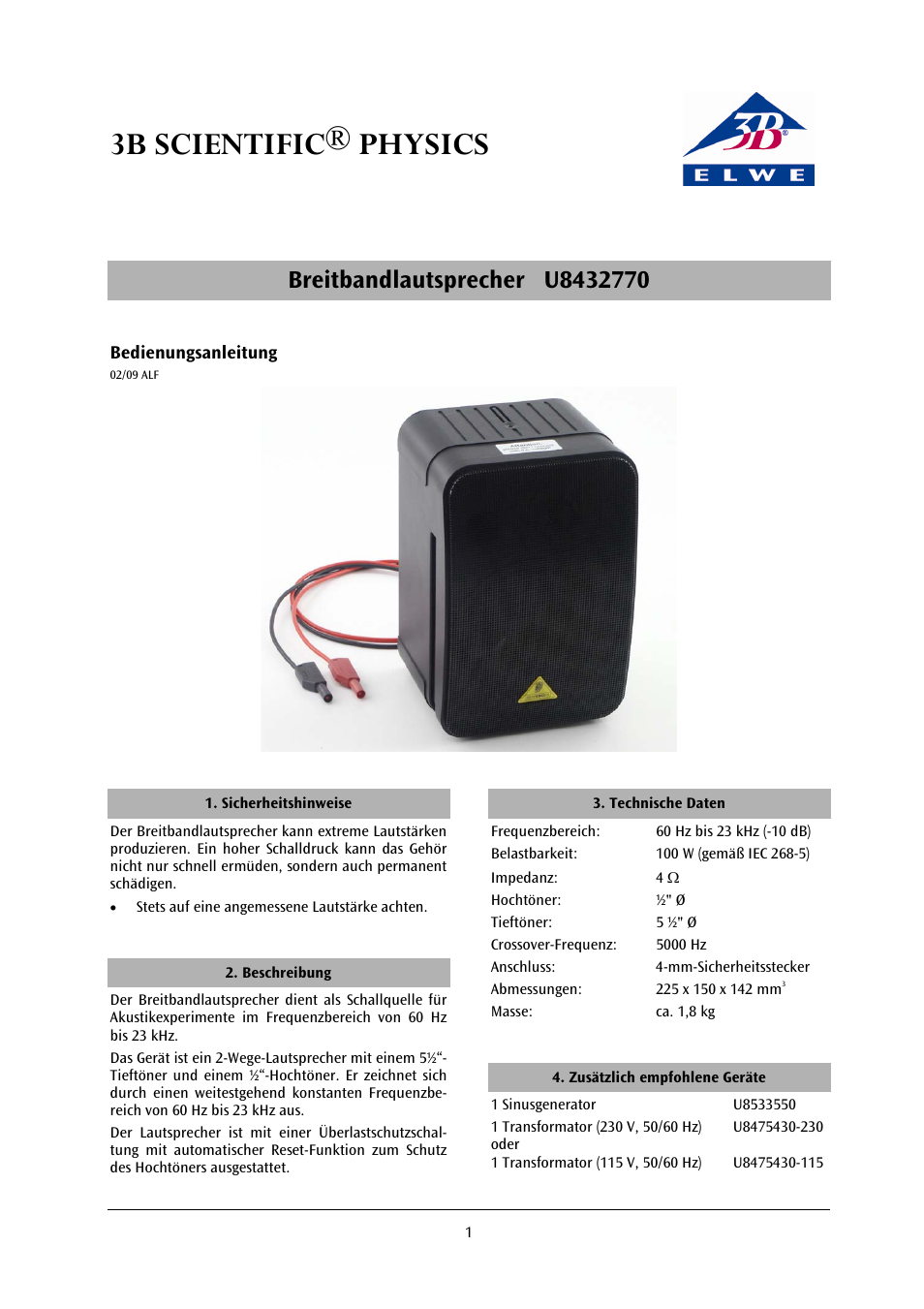 3B Scientific Wide-Band Loudspeaker User Manual | 12 pages