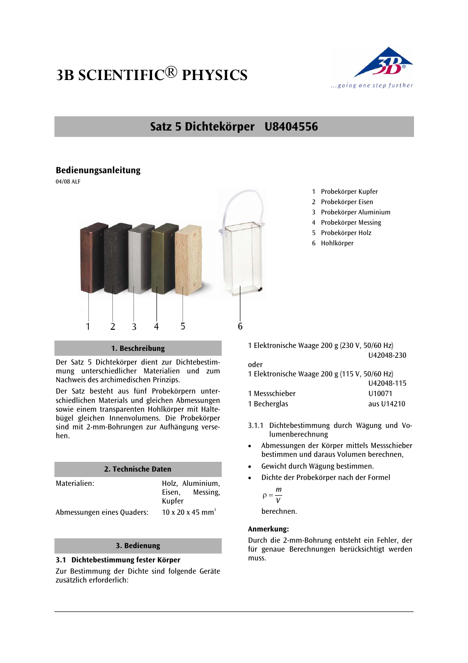 3B Scientific Set of 5 Density Bodies User Manual | 12 pages