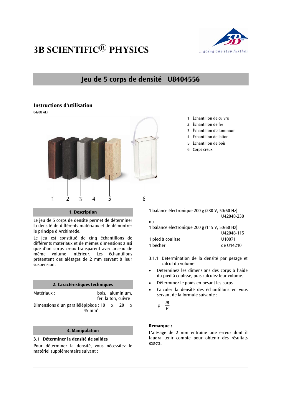 3b scientific® physics | 3B Scientific Set of 5 Density Bodies User Manual | Page 5 / 12