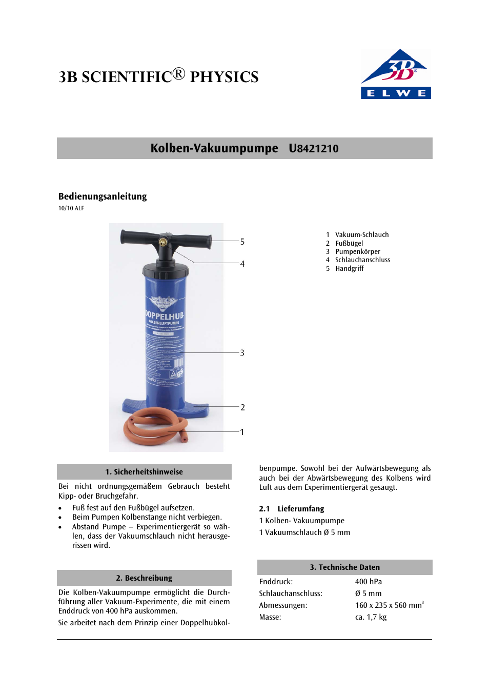 3B Scientific Piston Vacuum Pump User Manual | 12 pages
