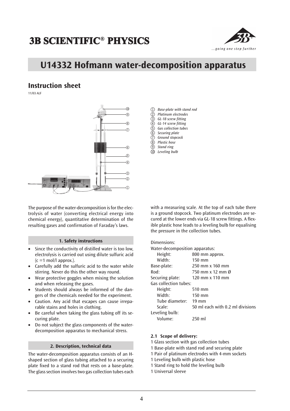3B Scientific Hoffmann Electrolysis Apparatus User Manual | 3 pages