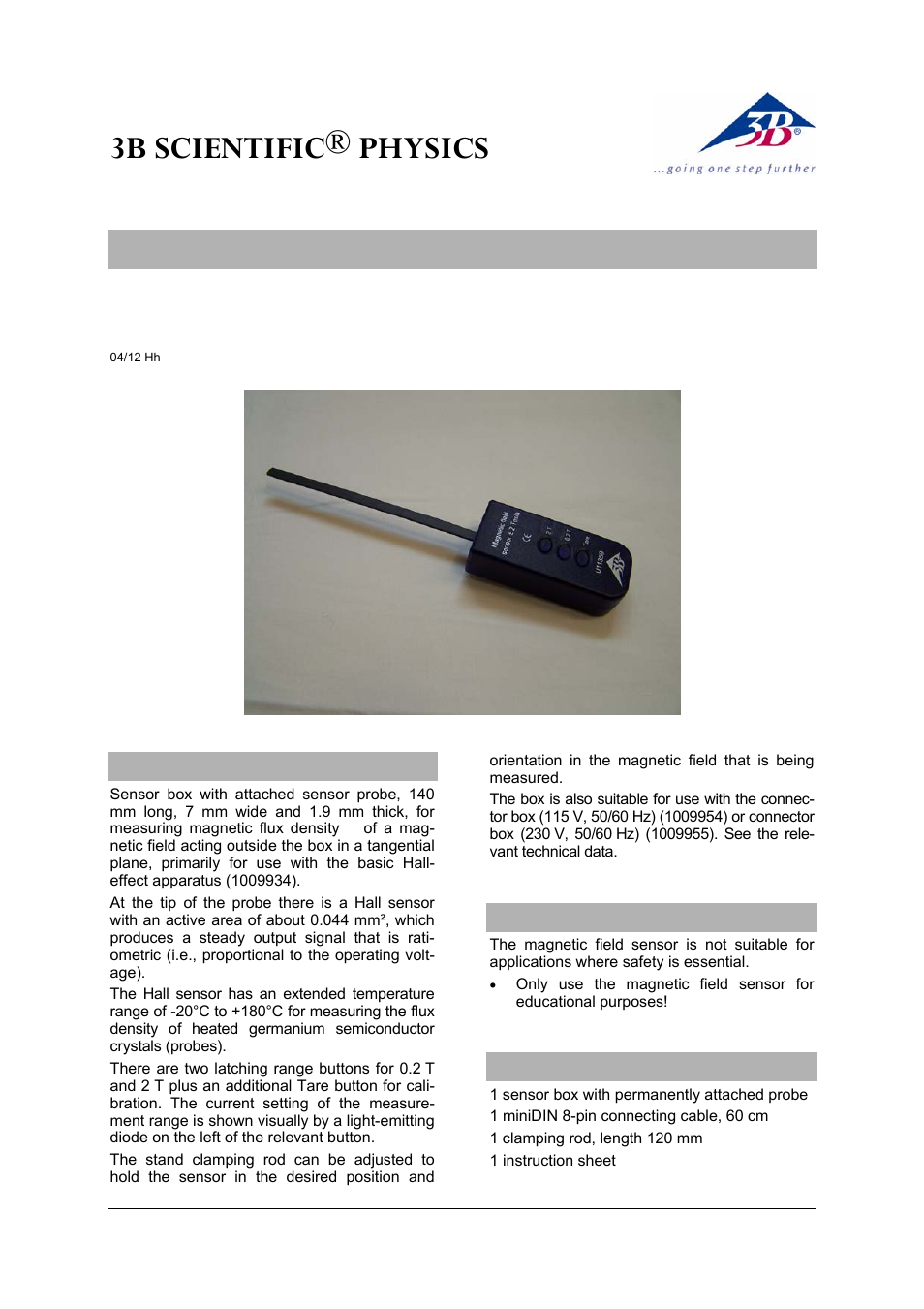 3B Scientific Magnetic Field Sensor ±2000 mT User Manual | 4 pages