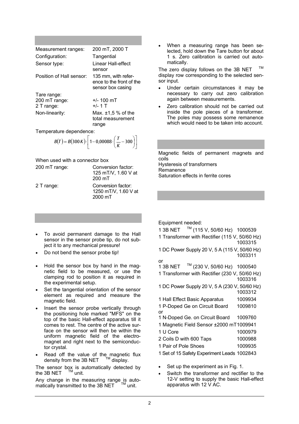 3B Scientific Magnetic Field Sensor ±2000 mT User Manual | Page 2 / 4