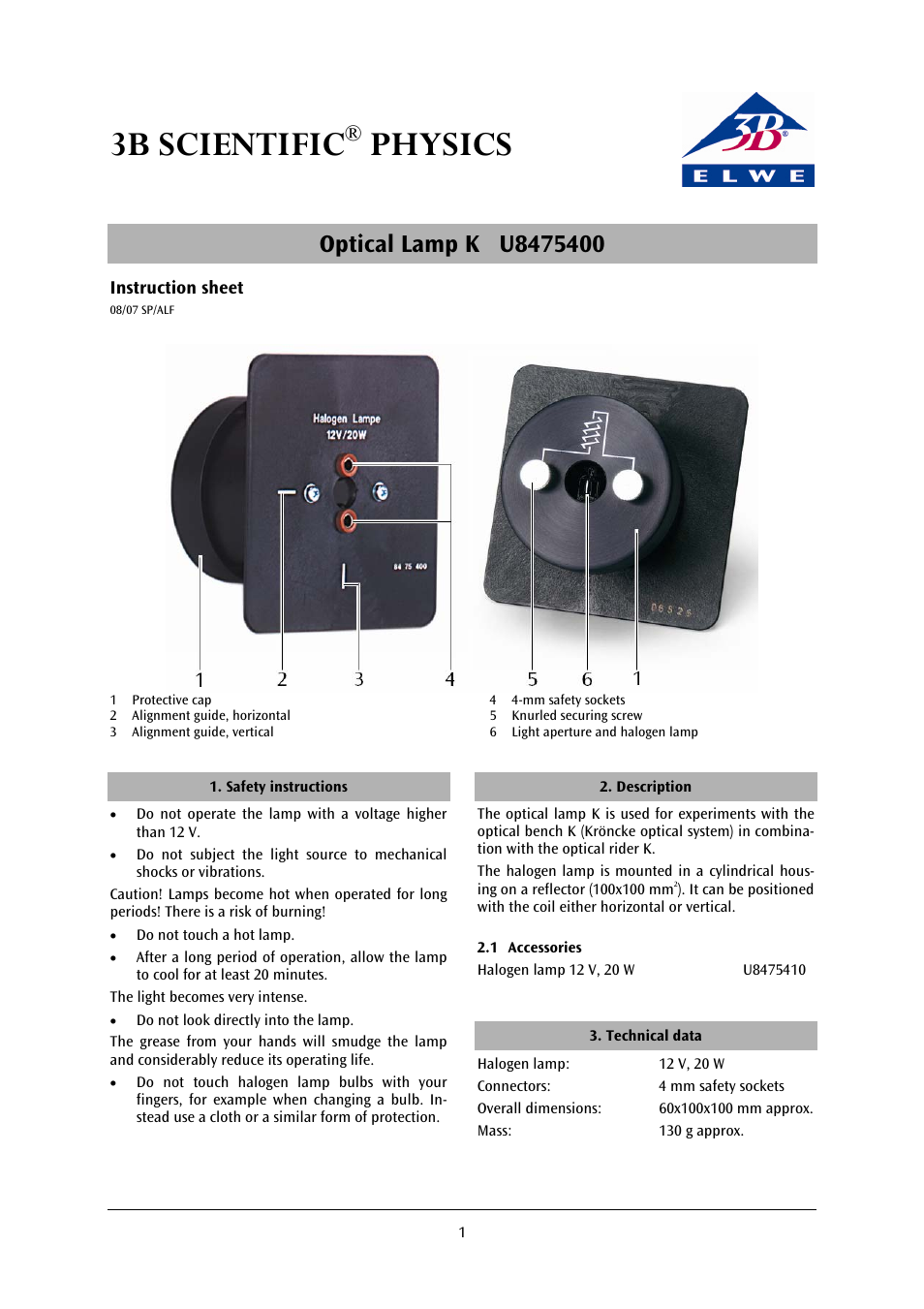 3B Scientific Optical Lamp K User Manual | 2 pages