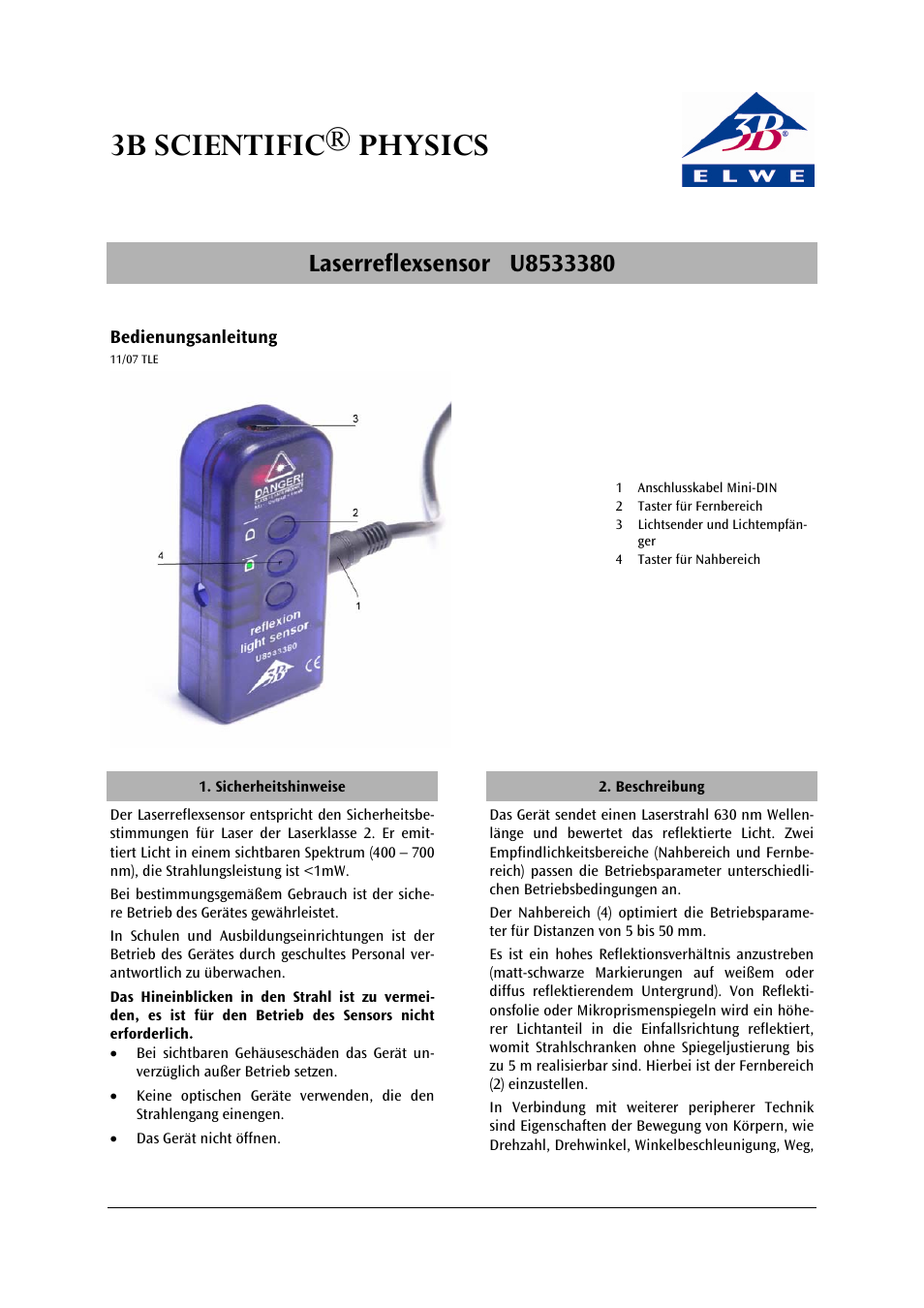 3B Scientific Laser Reflection Sensor User Manual | 12 pages