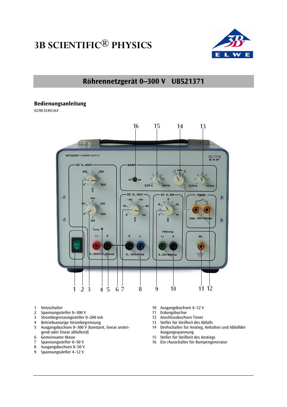 3B Scientific DC Power Supply 0 - 300 V (230 V, 50__60 Hz) User Manual | 20 pages