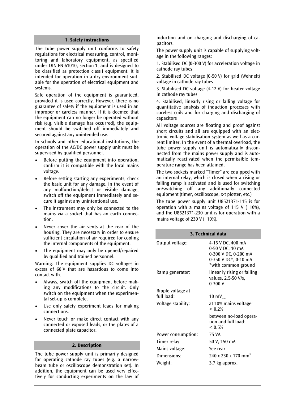 3B Scientific DC Power Supply 0 - 300 V (230 V, 50__60 Hz) User Manual | Page 6 / 20