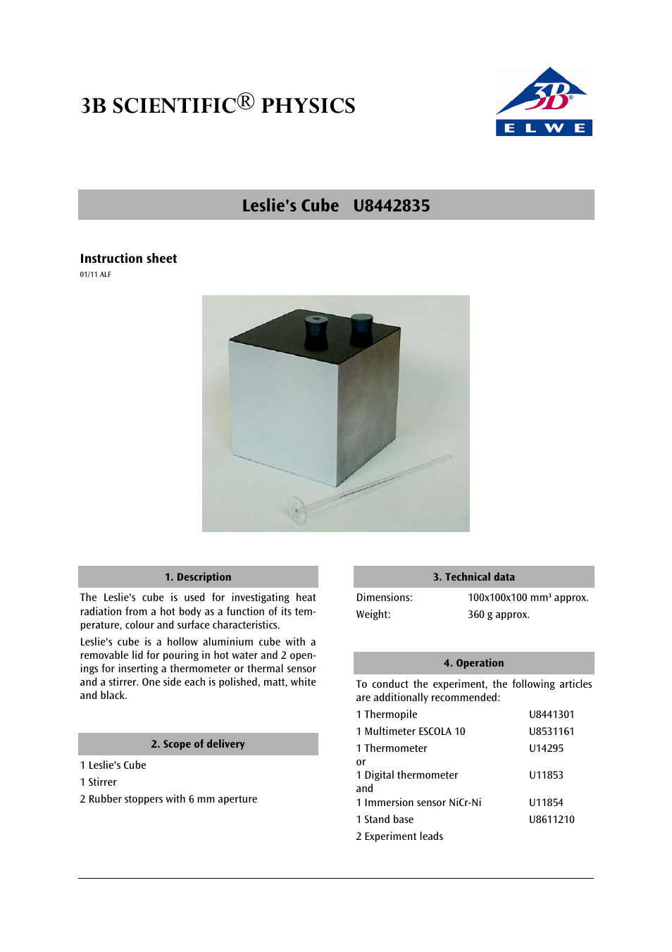 3B Scientific Radiation of Heat__Leslie's Cube User Manual | 2 pages