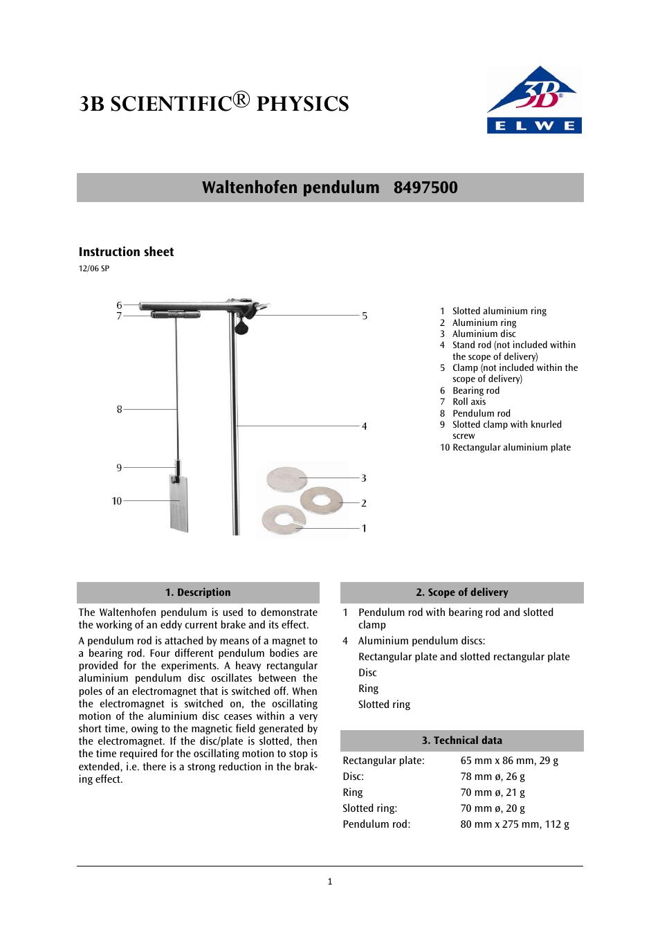 3B Scientific Waltenhofen’s Pendulum User Manual | 2 pages