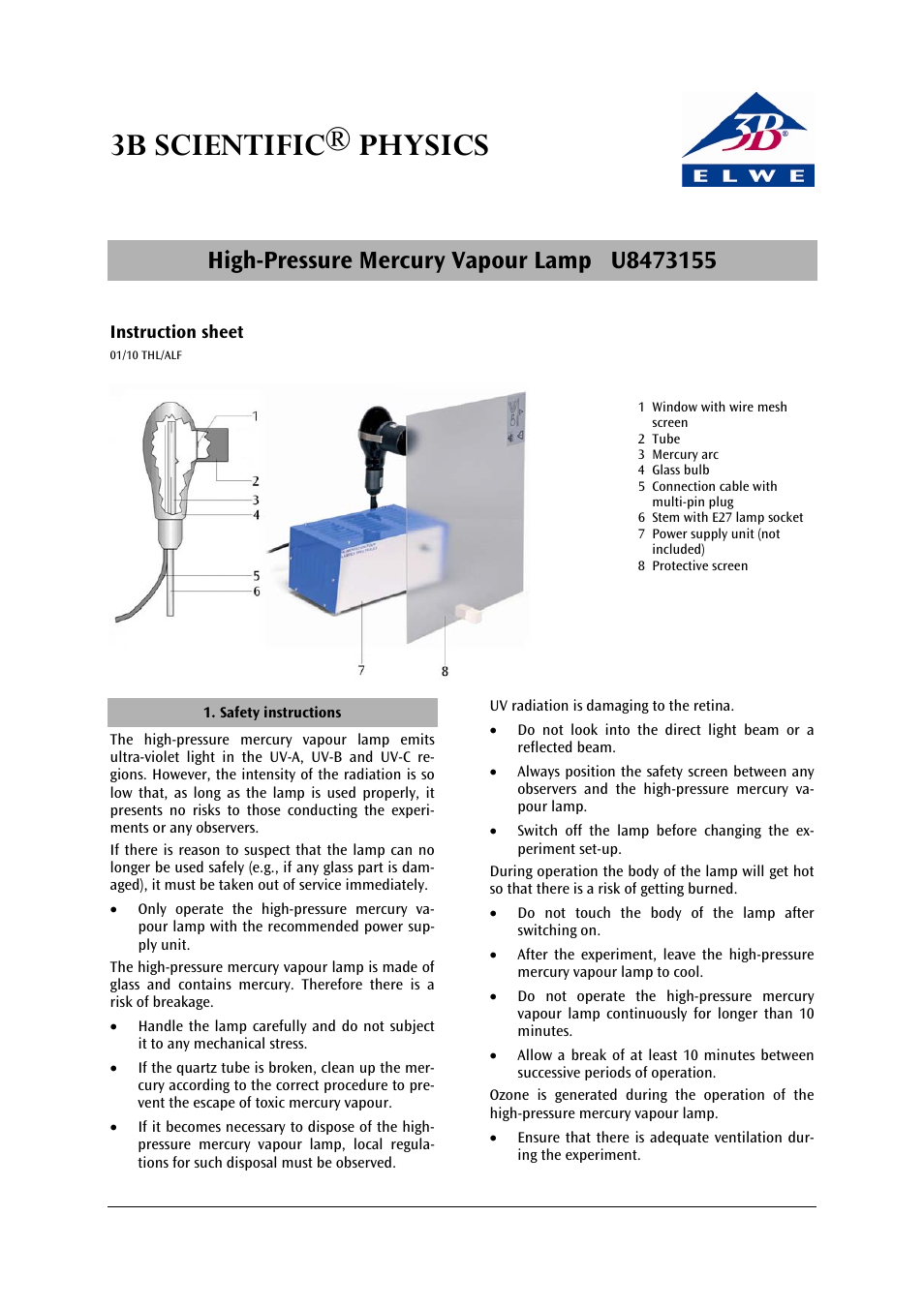 3B Scientific High-Pressure Mercury Vapour Lamp User Manual | 2 pages