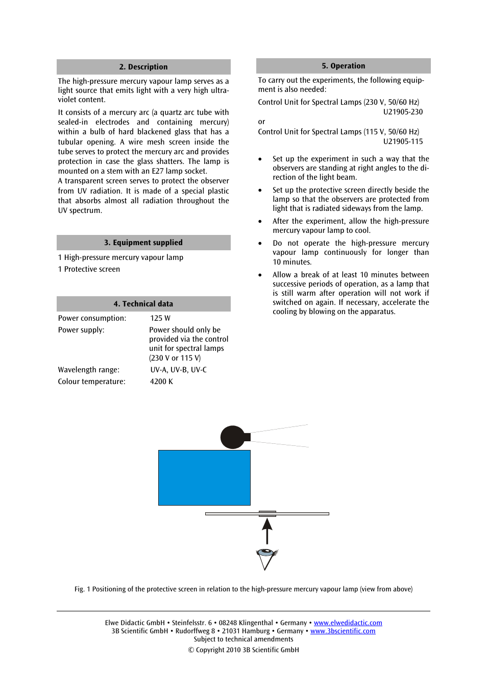 3B Scientific High-Pressure Mercury Vapour Lamp User Manual | Page 2 / 2