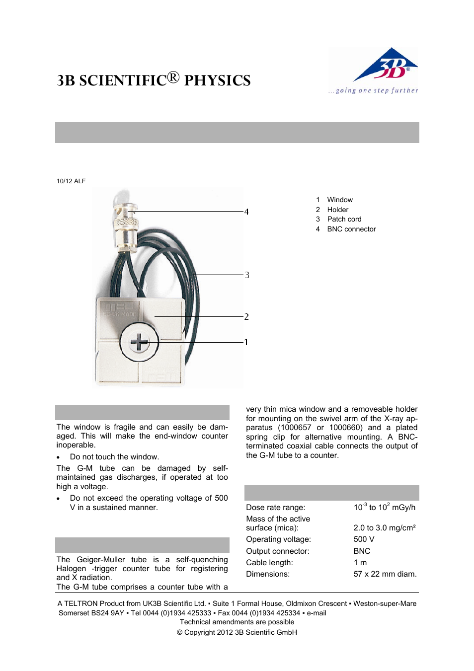 3B Scientific Geiger-Muller Tube T User Manual | 1 page