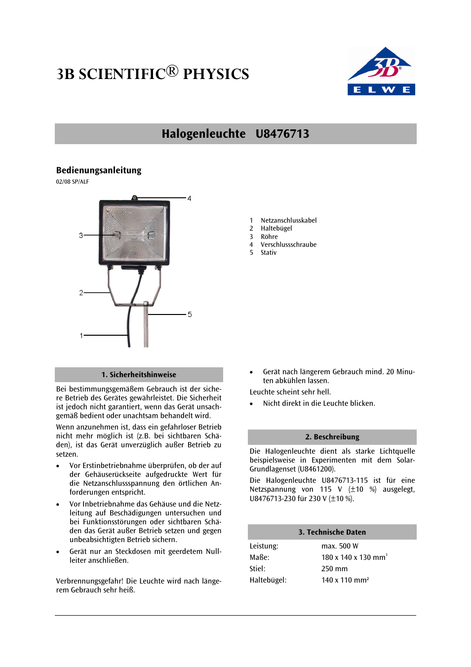 3B Scientific Halogen Lamp 500 W(115 V, 50__60 Hz) User Manual | 12 pages