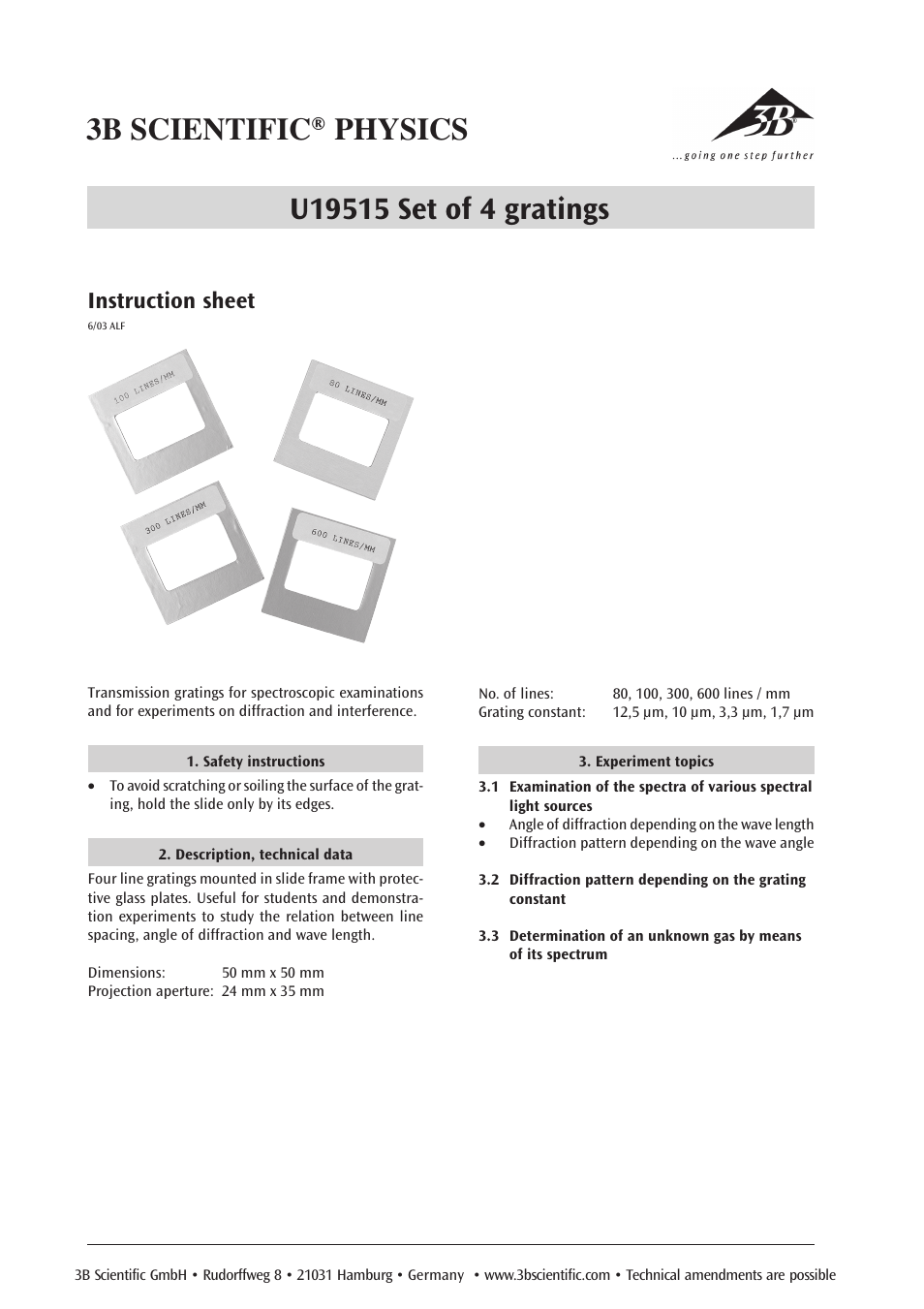 3B Scientific Set of 4 Gratings User Manual | 1 page