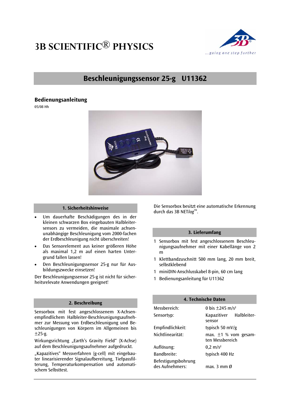 3B Scientific Acceleration Sensor, ±25g User Manual | 12 pages