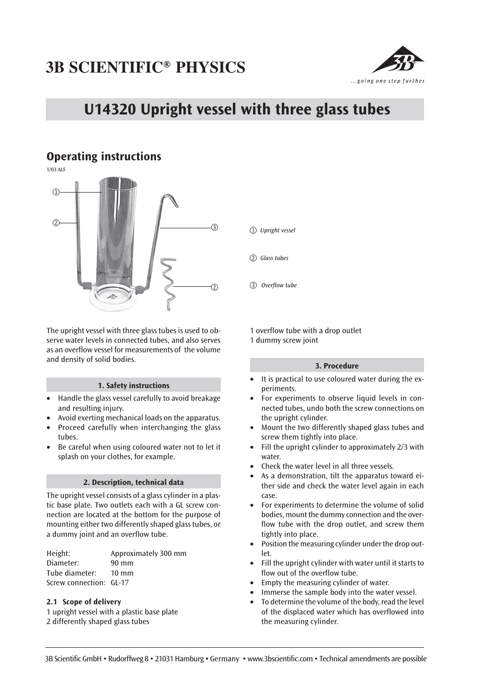 Operating instructions | 3B Scientific Glass Cylinder with 3 Tubes User Manual | Page 2 / 6