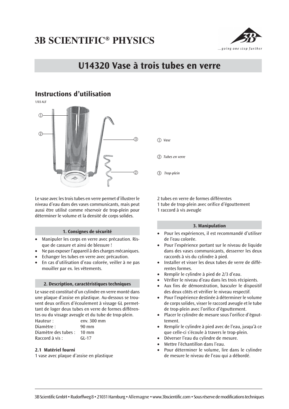 Instructions d’utilisation | 3B Scientific Glass Cylinder with 3 Tubes User Manual | Page 3 / 6