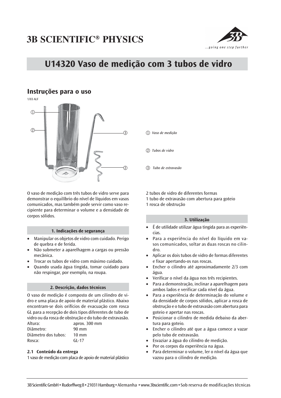 Instruções para o uso | 3B Scientific Glass Cylinder with 3 Tubes User Manual | Page 6 / 6