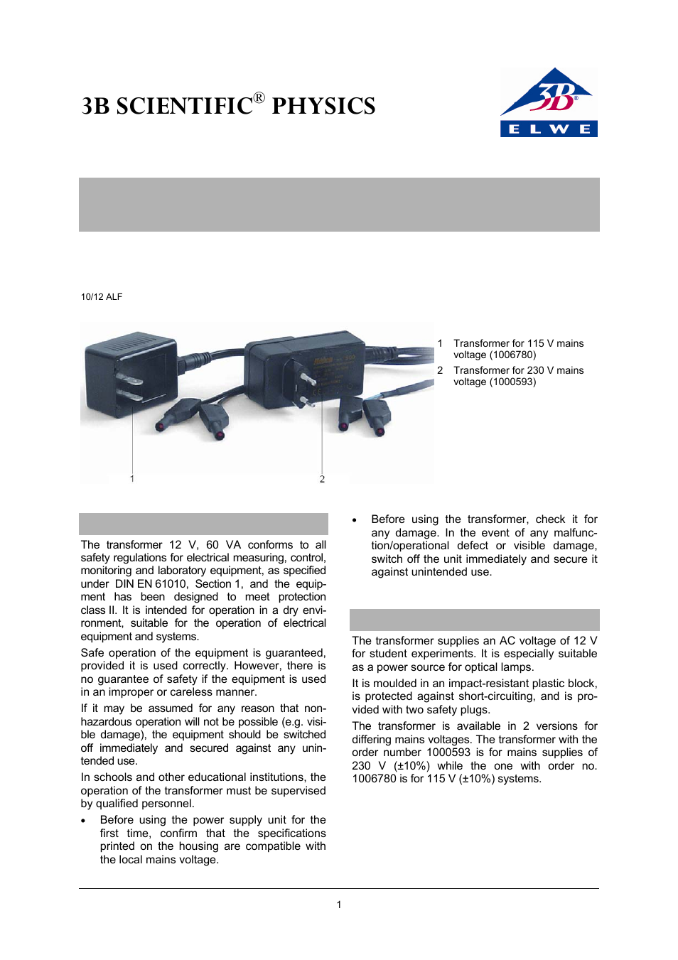 3B Scientific Transformer 12 V, 60 VA (230 V, 50__60 Hz) User Manual | 2 pages