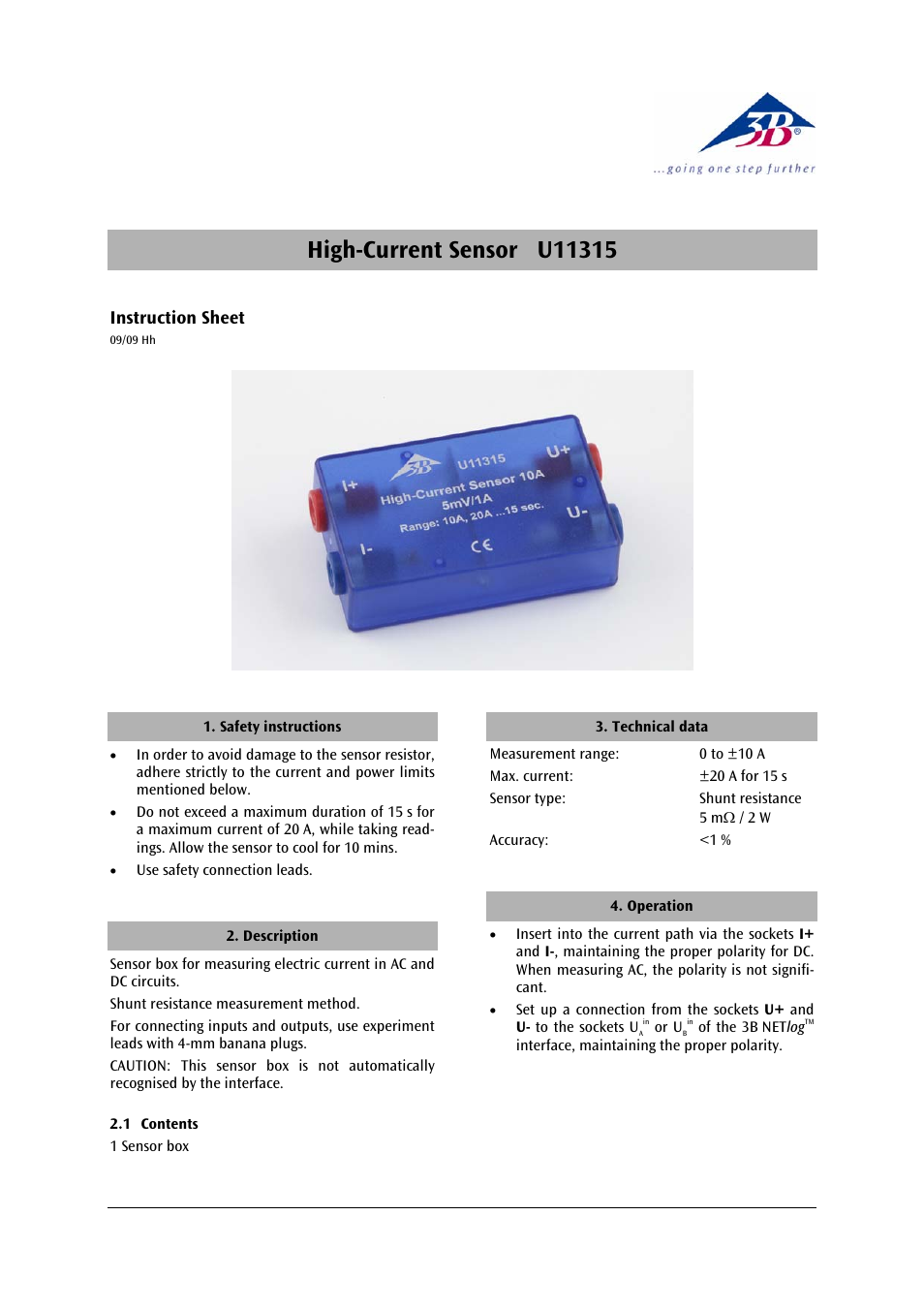 3B Scientific High Current Sensor, 10 A User Manual | 2 pages