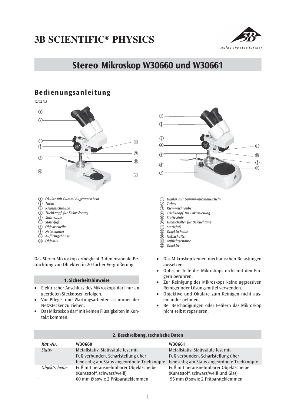 3B Scientific Stereo Microscope, 20x, Transmitted-Light Illumination (230 V, 50__60 Hz) User Manual | 17 pages