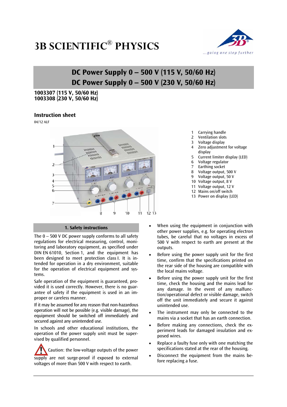 3B Scientific DC Power Supply 0-500 V (230 V, 50__60 Hz) User Manual | 4 pages