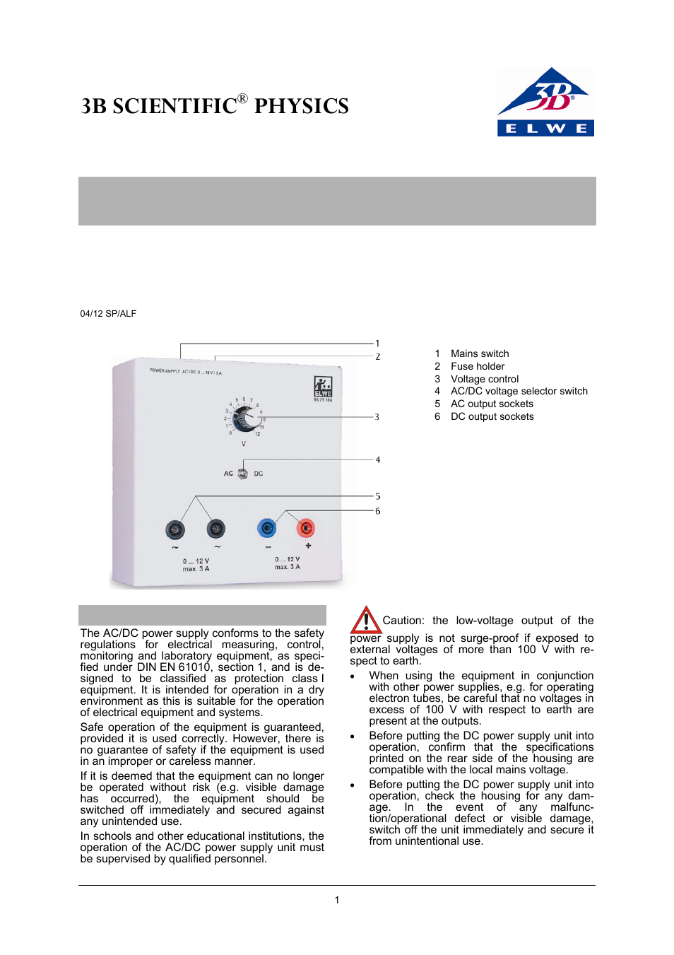 3B Scientific AC__DC Power Supply (Stabilized) 0-12 V, 3 A (230 V, 50__60 Hz) User Manual | 2 pages