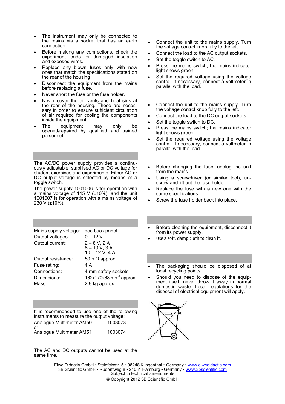 3B Scientific AC__DC Power Supply (Stabilized) 0-12 V, 3 A (230 V, 50__60 Hz) User Manual | Page 2 / 2