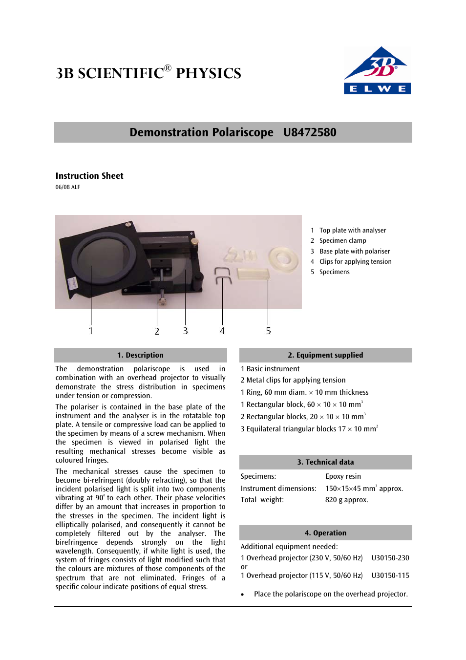 3B Scientific Demonstration Polariscope User Manual | 2 pages