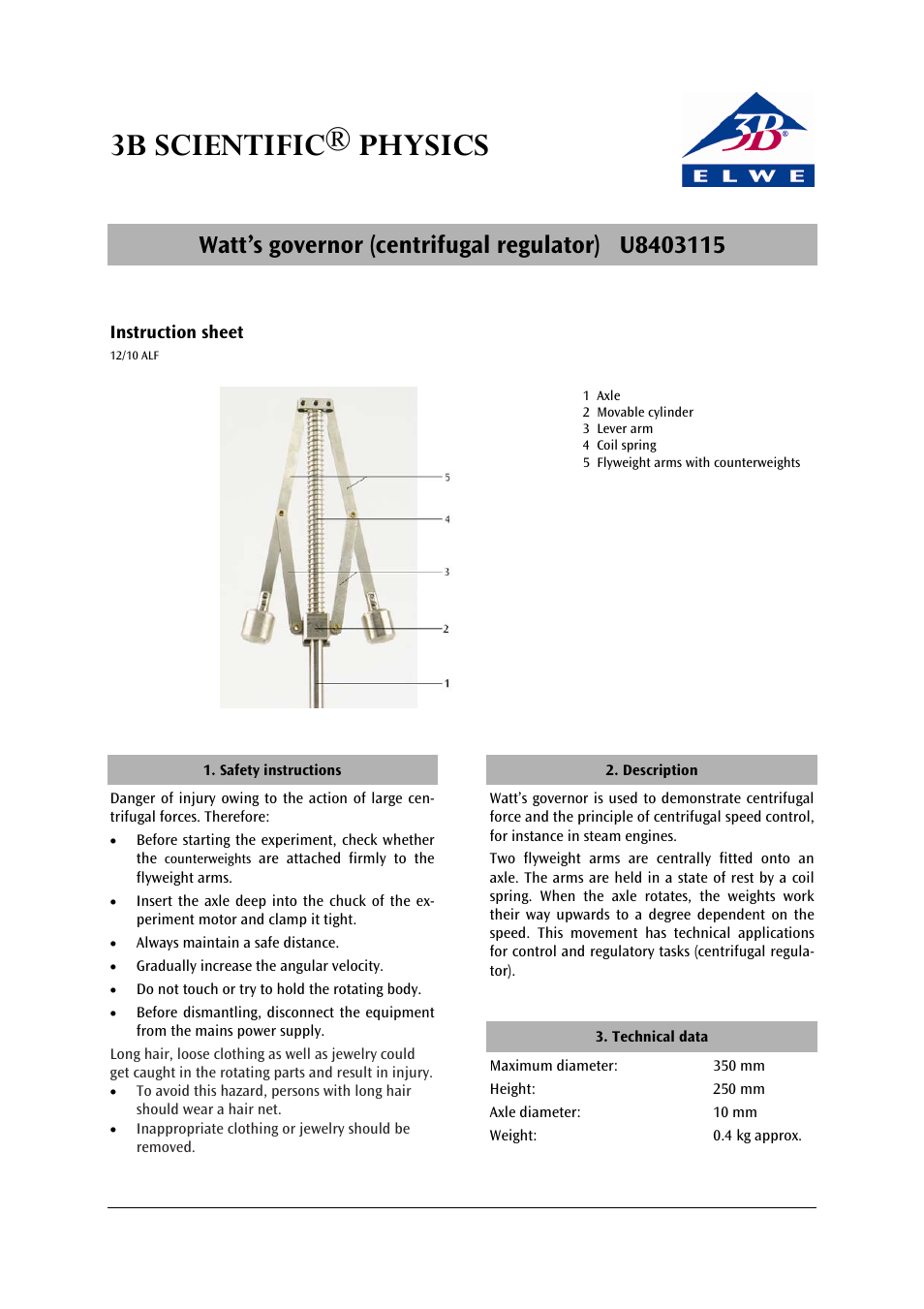 3B Scientific Watt’s Governor User Manual | 2 pages