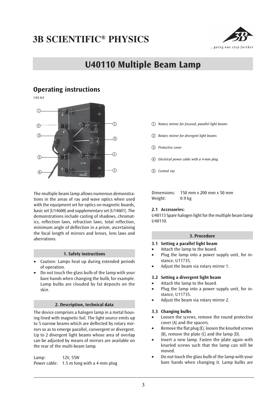 Operating instructions | 3B Scientific Multiple Ray Projector, Magnetic User Manual | Page 3 / 12