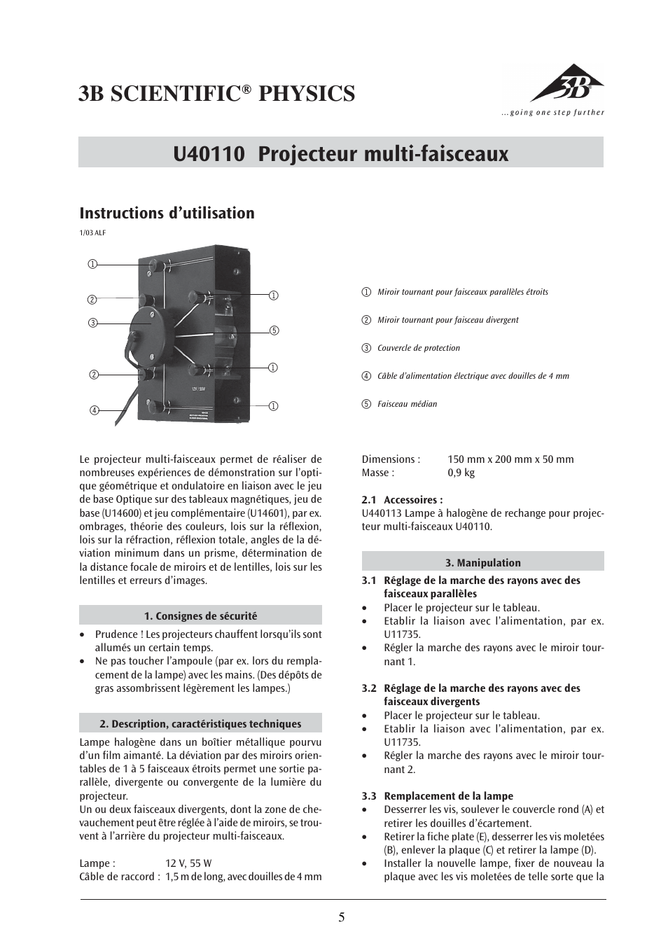 Instructions d’utilisation | 3B Scientific Multiple Ray Projector, Magnetic User Manual | Page 5 / 12