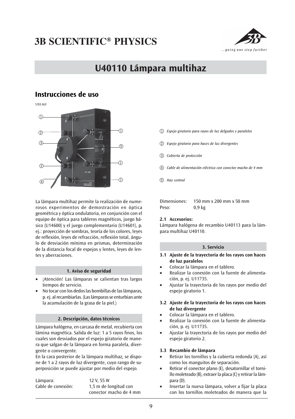 Instrucciones de uso | 3B Scientific Multiple Ray Projector, Magnetic User Manual | Page 9 / 12