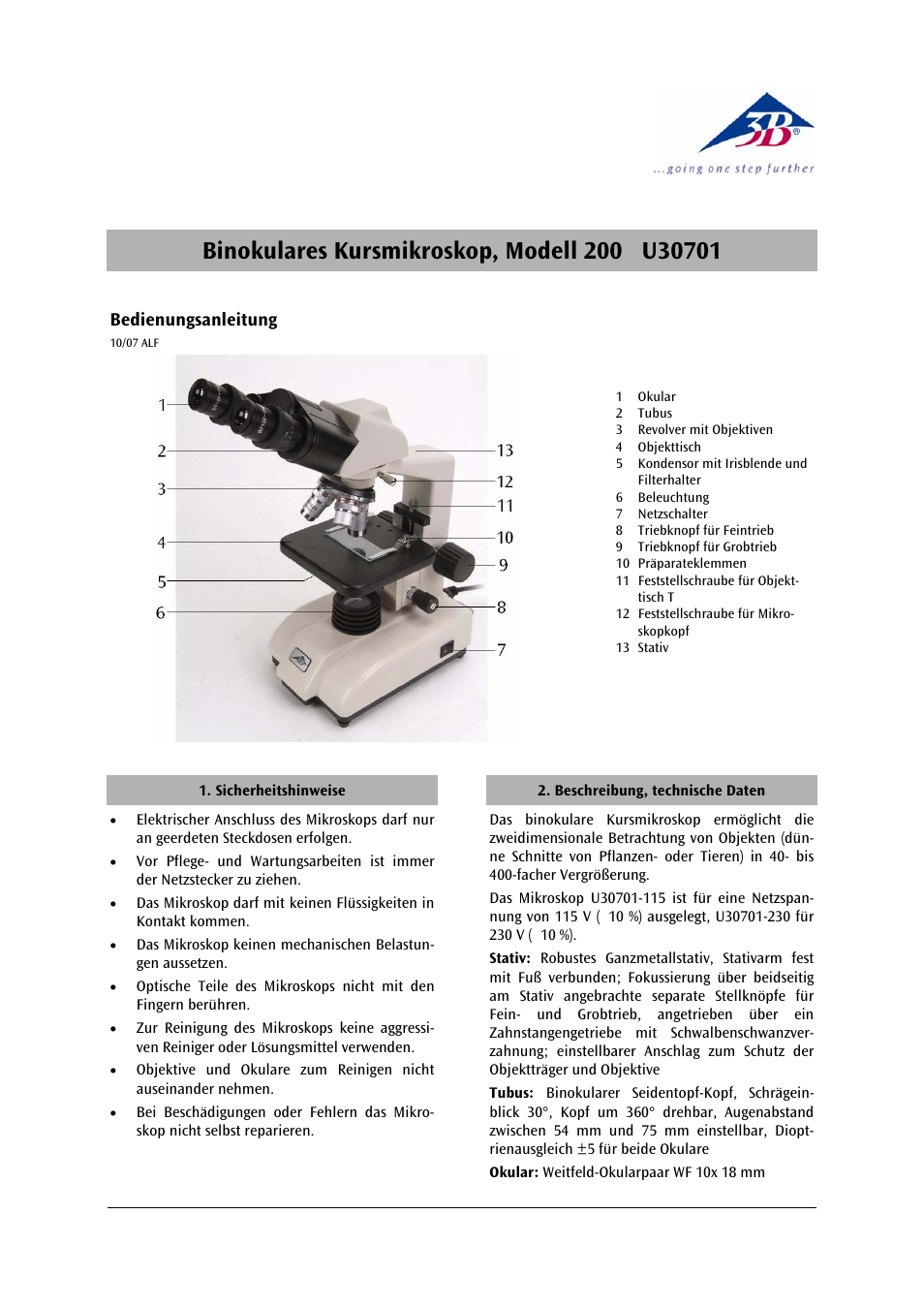 3B Scientific Binocular Course Microscope Model 200 (115 V, 50__60 Hz) User Manual | 12 pages