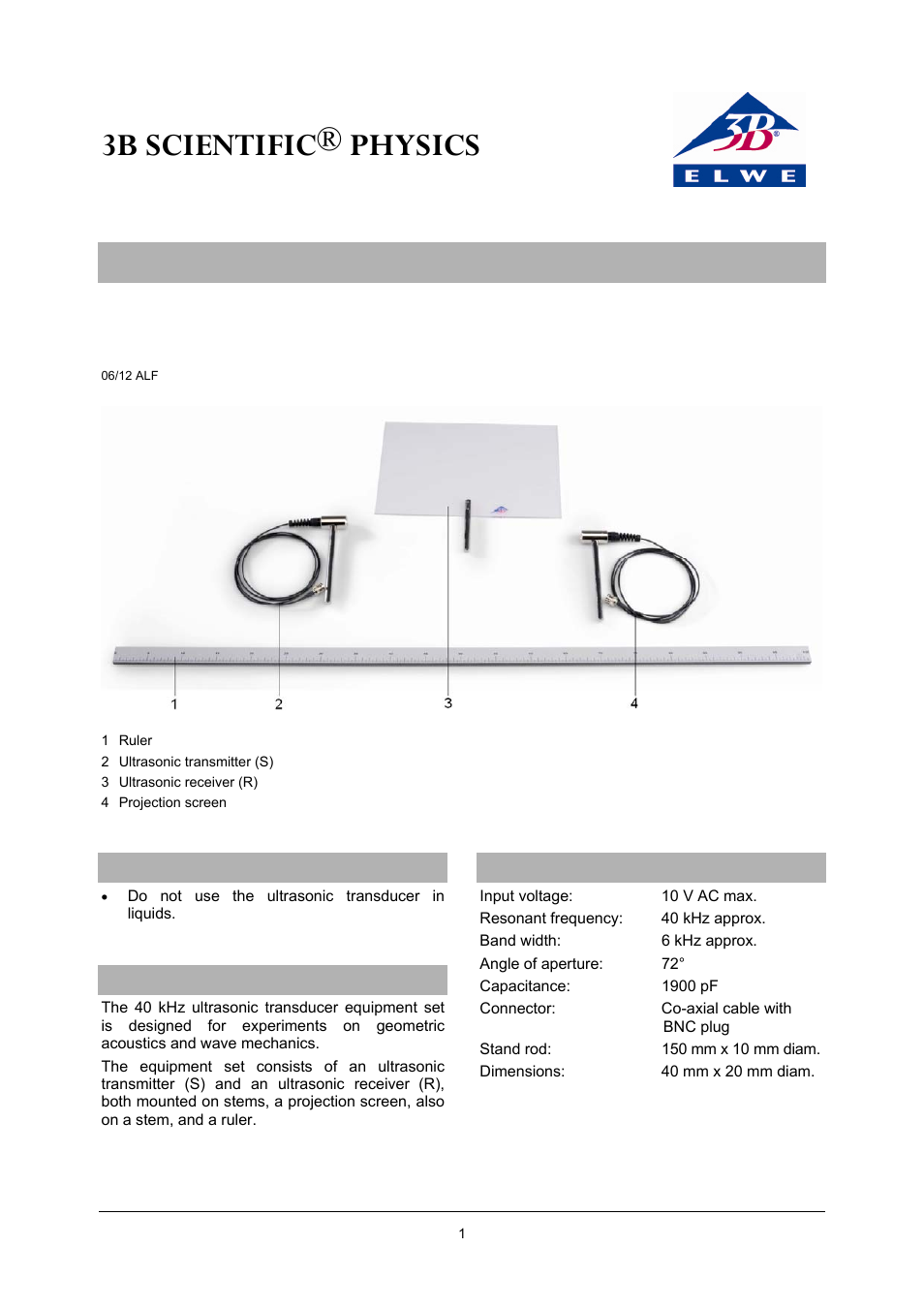 3B Scientific Ultrasound Transducer, 40 kHz, Equipment Kit User Manual | 2 pages
