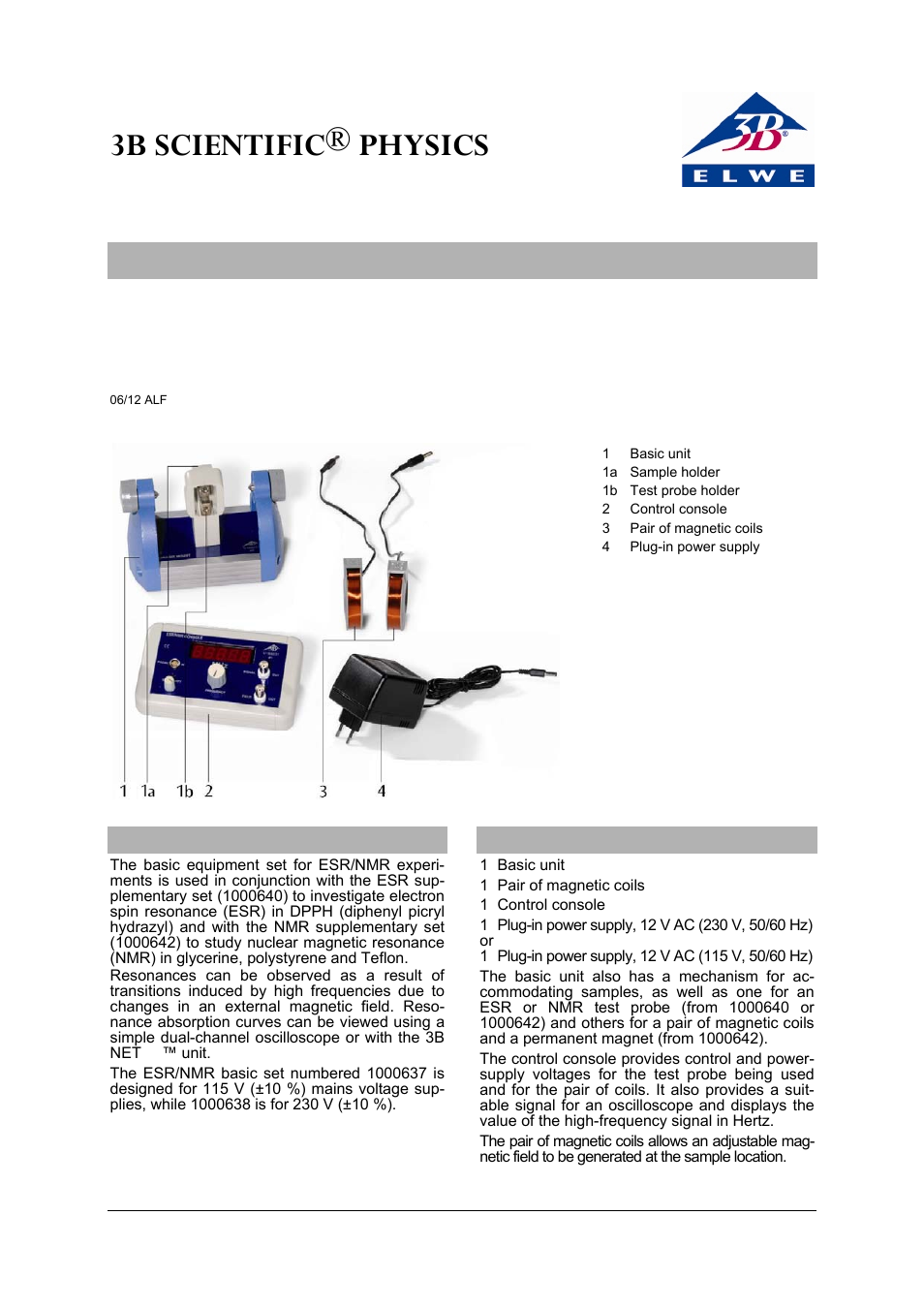 3B Scientific Teltron ESR__NMR Basic Set (115 V, 50__60 Hz) User Manual | 2 pages