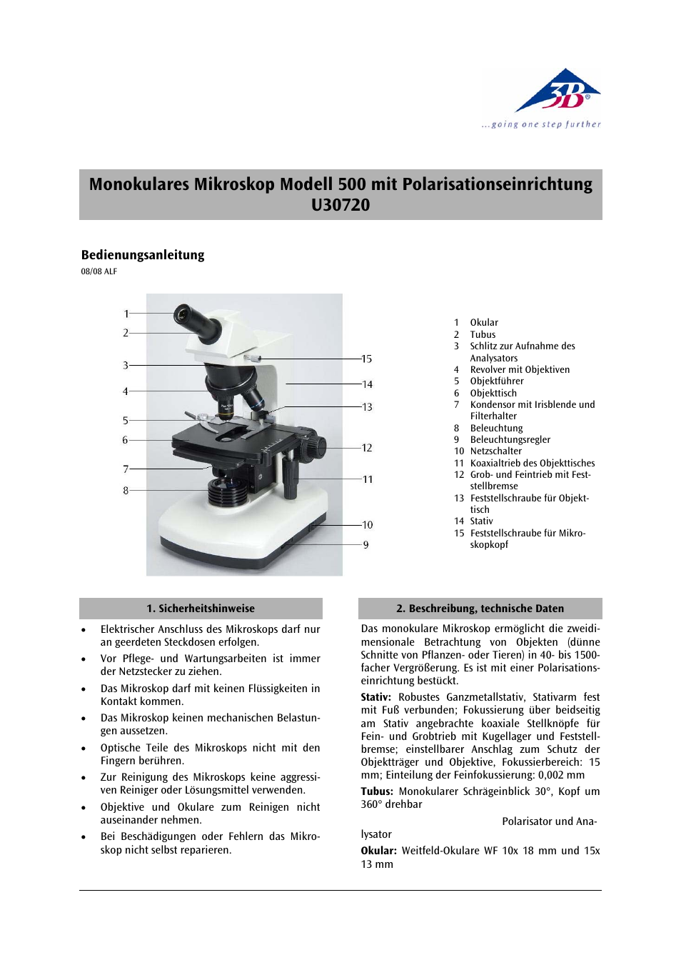 3B Scientific Monocular Microscope Model 500 with Polarization Equipment User Manual | 24 pages