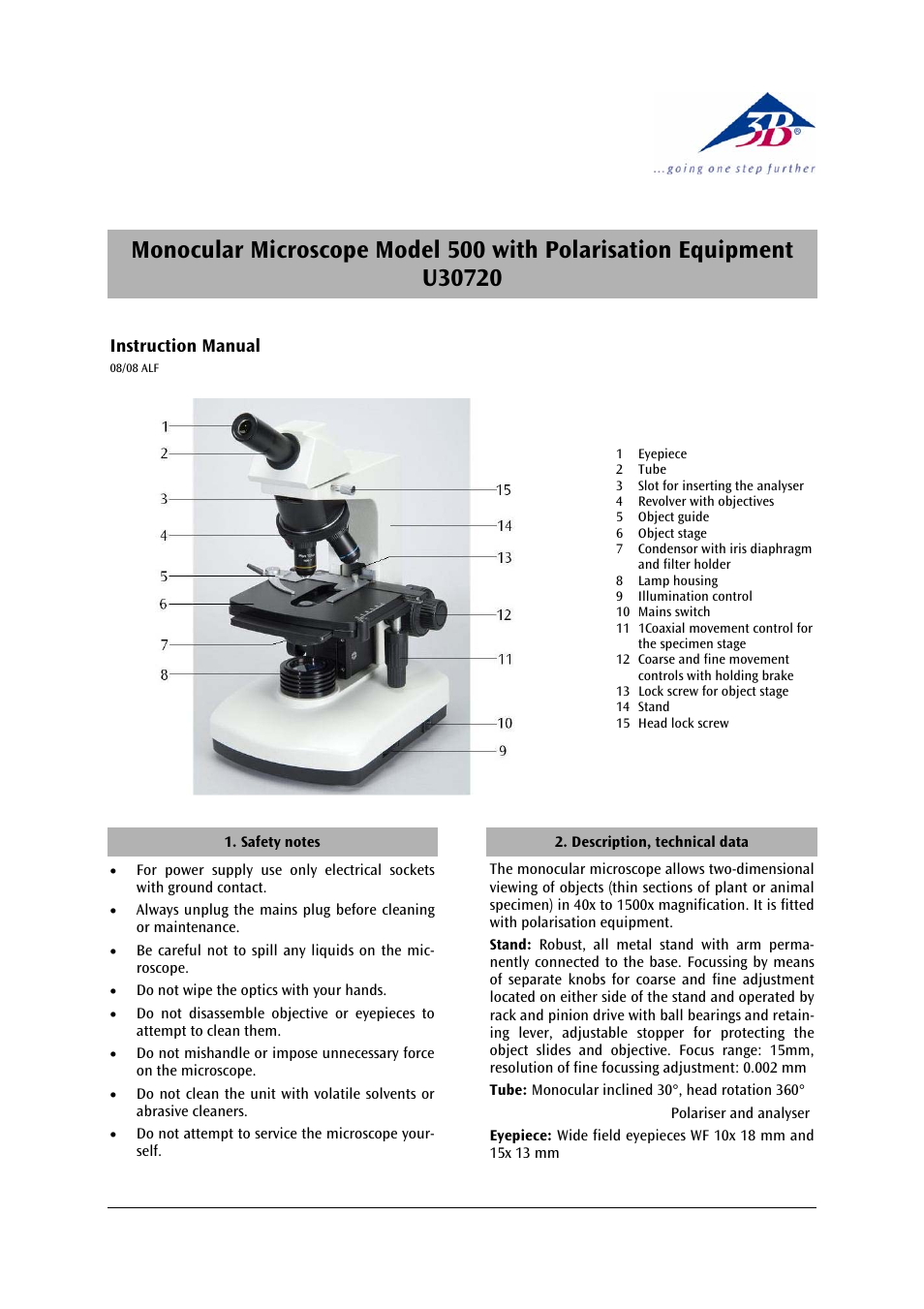 3b scientific, Physics | 3B Scientific Monocular Microscope Model 500 with Polarization Equipment User Manual | Page 5 / 24