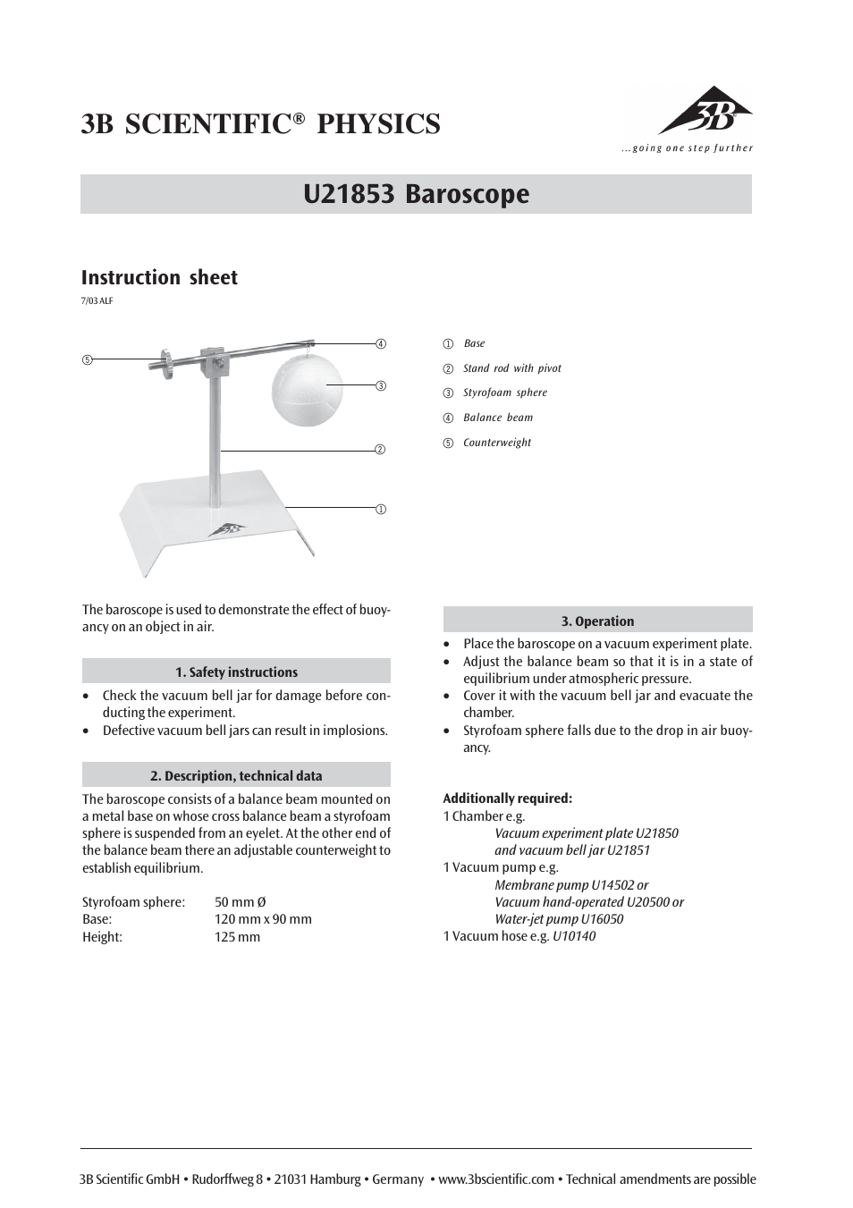 Instruction sheet | 3B Scientific Baroscope User Manual | Page 2 / 6